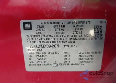 2013 Chevrolet Equinox 2Lt from USA, damaged, VIN 2GNALPEK1D6429070